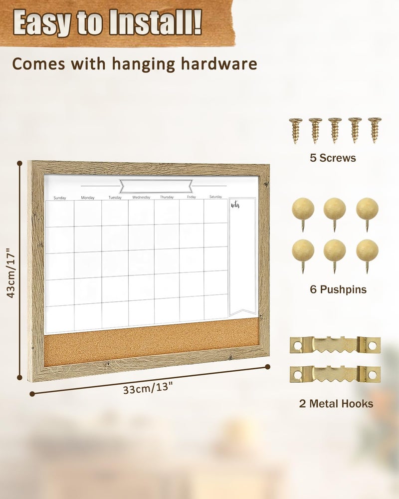 TORASO Dry Erase Calendar Whiteboard for Wall, Small Combination Magnetic Dry Erase White Board & Bulletin Board, 13" x 17" Rustic Brown Frame Calendar/Cork Combo Board(RB-3343) - Image 2
