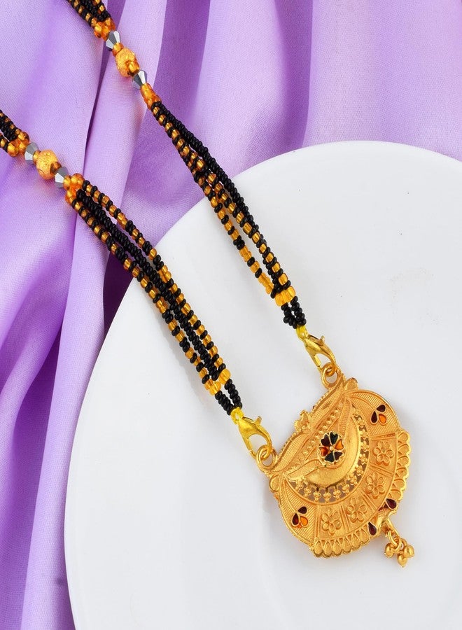 DULCI Elegant Gold-Plated Floral Mangalsutra with Enamel Accents & Black Beads - Image 4