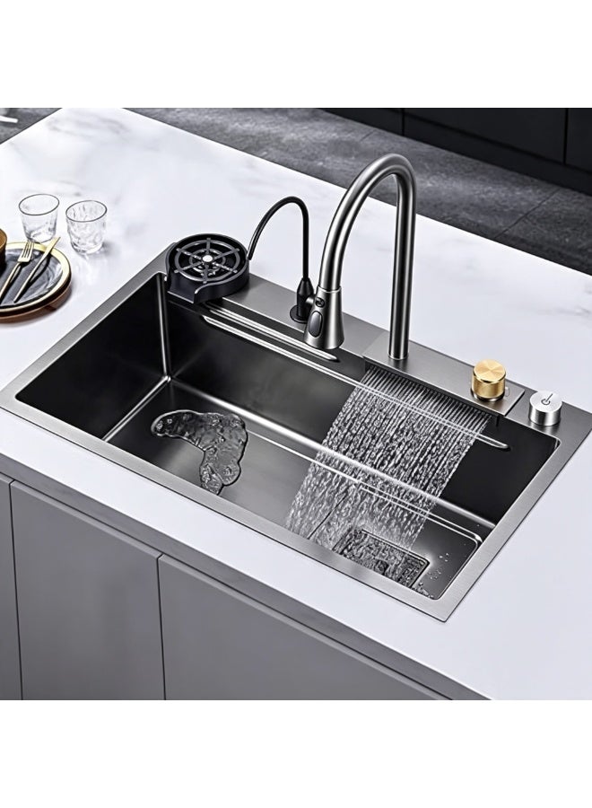 ELITE WATERFALL SB8050 Top Mount Kitchen Sink – Glossy Nano Black Stainless Steel Single Bowl Sink with Accessories, 75cm - Image 2