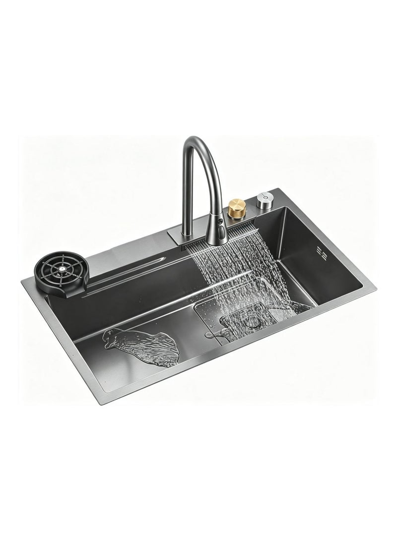 ELITE WATERFALL SB8050 Top Mount Kitchen Sink – Glossy Nano Black Stainless Steel Single Bowl Sink with Accessories, 75cm - Image 1