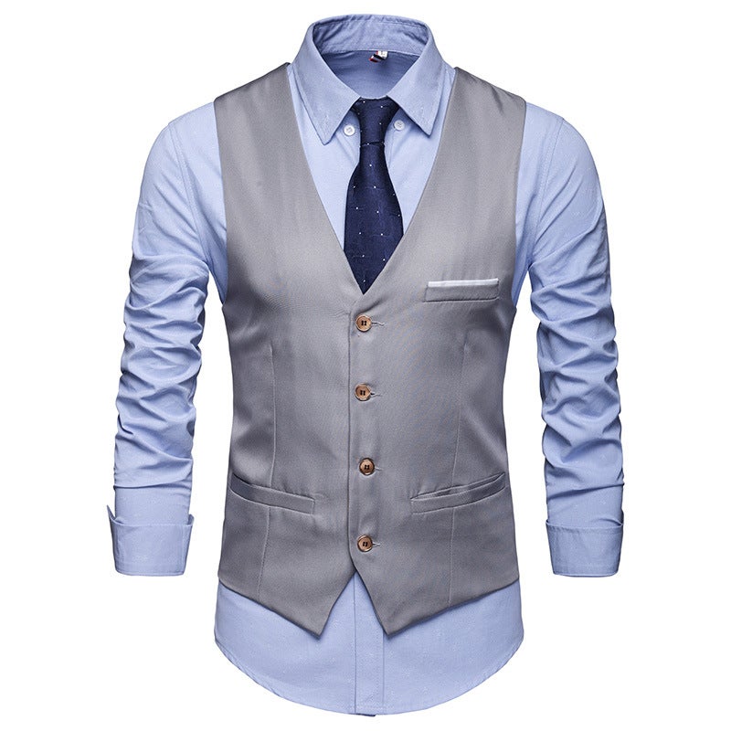 New Mens Suit Vest Slim Fit Groomsmen Formal V-Neck Waistcoat Grey  - Image 1