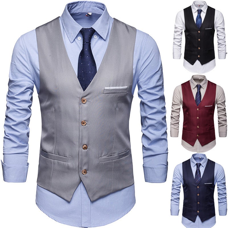 New Mens Suit Vest Slim Fit Groomsmen Formal V-Neck Waistcoat Grey  - Image 4