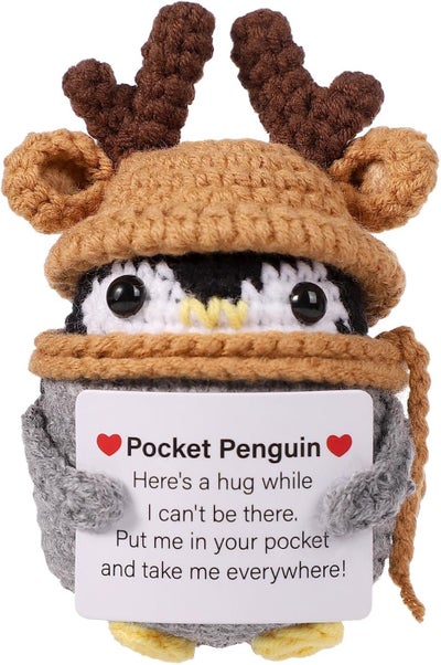 Happy Threads Pocket Penguin in Reindeer Hat Plush with Inspirational Message Card, Handmade Crochet Pocket Hug Keepsake, Cute Desk & Shelf Décor, Christmas Gift for Friends, Kids & Family