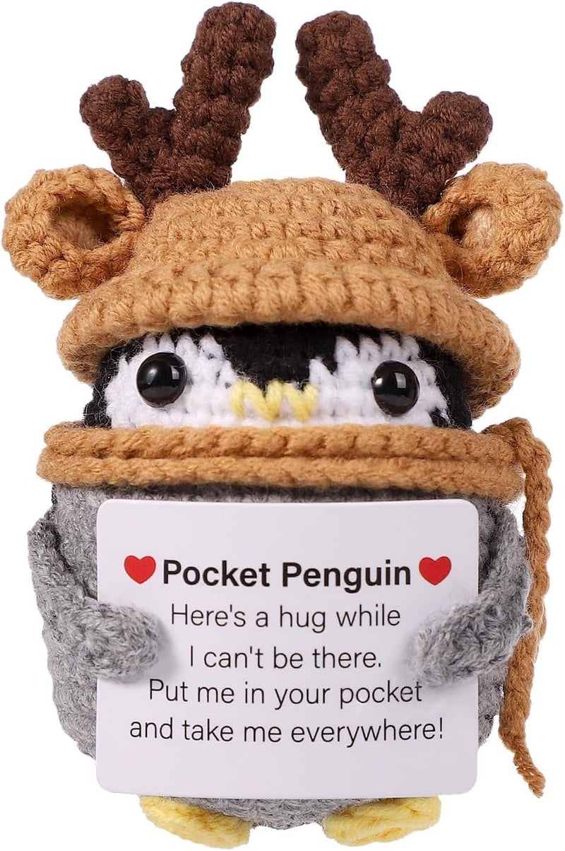 Happy Threads Pocket Penguin in Reindeer Hat Plush with Inspirational Message Card, Handmade Crochet Pocket Hug Keepsake, Cute Desk & Shelf Décor, Christmas Gift for Friends, Kids & Family - Image 1