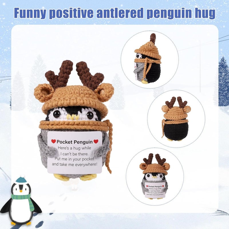 Happy Threads Pocket Penguin in Reindeer Hat Plush with Inspirational Message Card, Handmade Crochet Pocket Hug Keepsake, Cute Desk & Shelf Décor, Christmas Gift for Friends, Kids & Family - Image 2