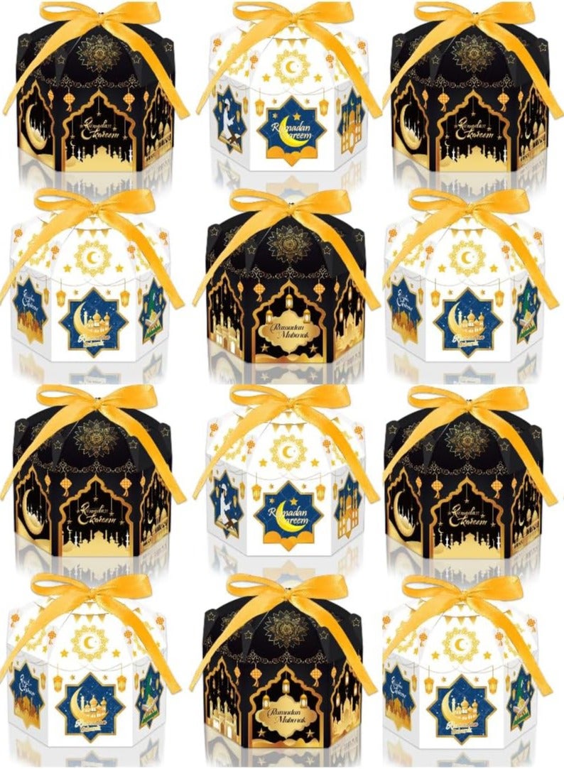 الأزرق جي دبليو 12 قطعة من علب هدايا مبارك لرمضان والعيد صناديق كرتون صغيرة قابلة لإعادة التدوير ومطبوعة لعيد رمضان مناسبة للحلوى والبسكويت والوجبات الخفيفة مع مقابض للحفلات 4 أنماط أكياس هدايا تذكارية لعيد مبارك زينة رمضان كريم عيد مبارك للمنزل هدايا رمضان وعيد مبارك خصم متاح - Image 1