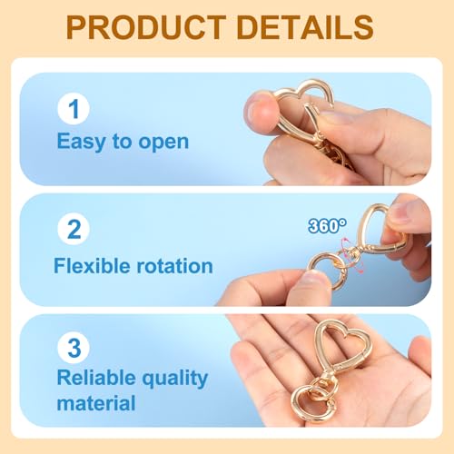 Winsyison 2pcs Double Opening Keychain Clip, Heart Spring Snap Hooks for Lanyards DIY Crafts Making, Zinc Alloy Swivel Keychain Clasp for Camping Hiking Travelling- Gold - Image 3