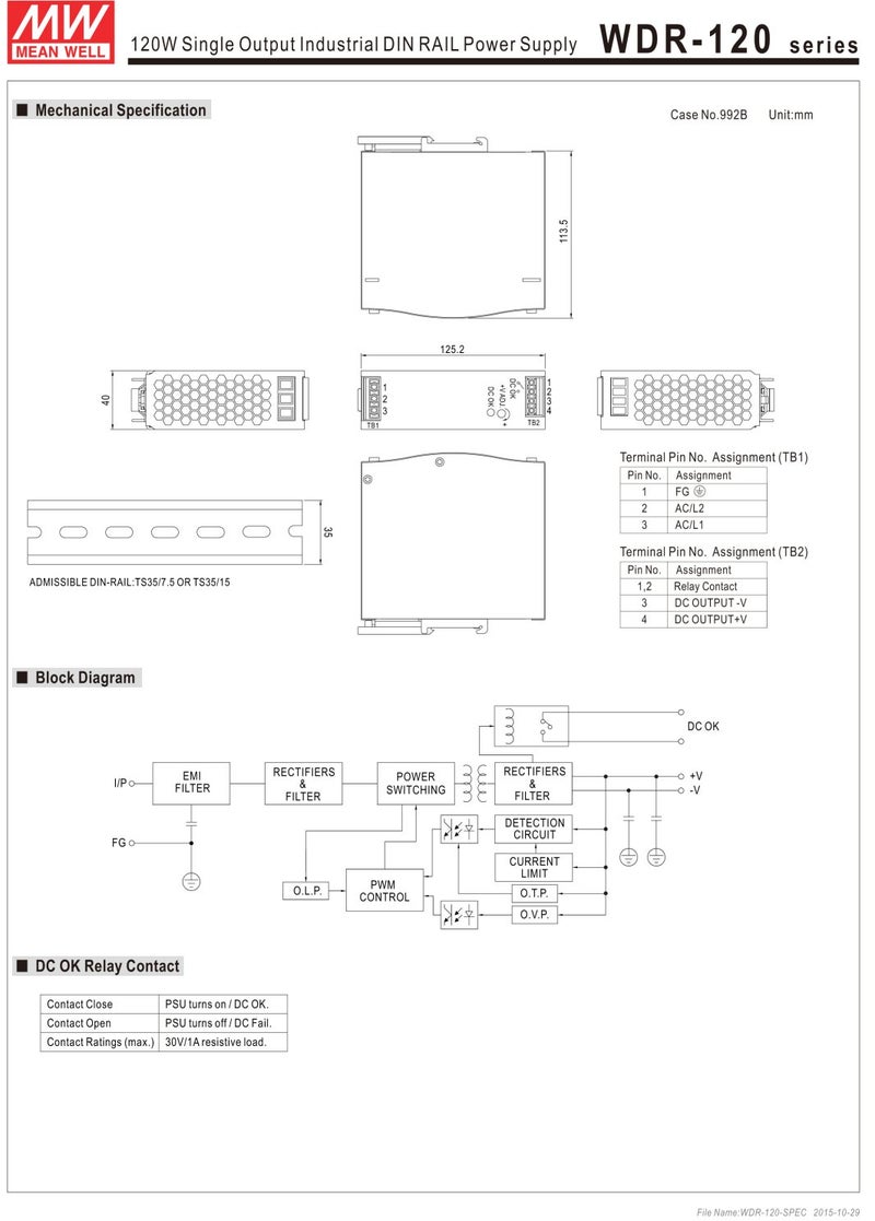 Meanwell Mean Well WDR-120-24 Industrial DIN Rail Power Supply, Single Output 24VDC, 5A, 120W - Image 3