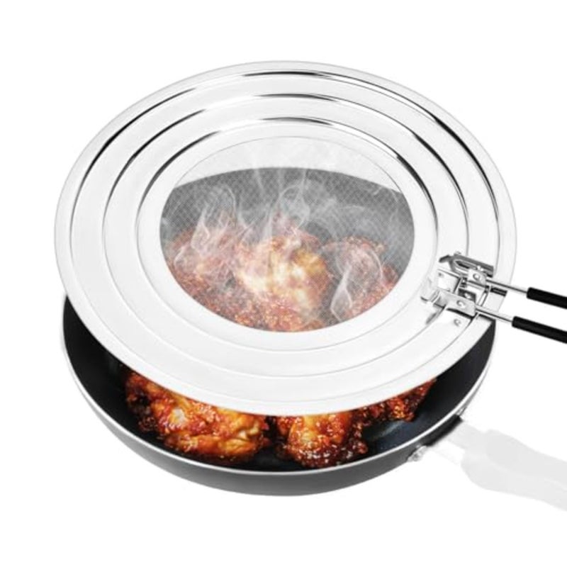 Splash Guard Pans, 3-in-1 Stainless Steel Splash Guard for Pans, Multifunctional Stainless Steel Splash Guard, Pans Splash Guard with Folding Handle, Prevents Grease Splashes When Cooking - Image 1