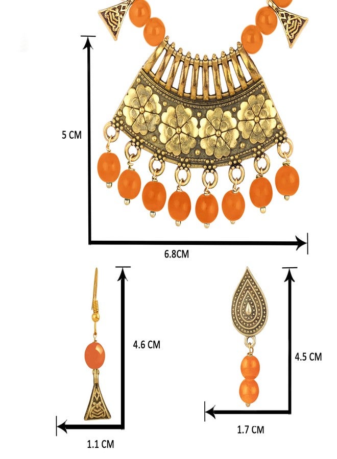 JFL Womens - Jewellery for Less Fashion Antique Gold German Oxidized Onyx Beaded Necklace Set with Adjustable Thread (Orange) - Image 5