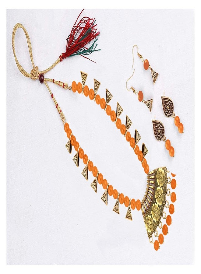 JFL Womens - Jewellery for Less Fashion Antique Gold German Oxidized Onyx Beaded Necklace Set with Adjustable Thread (Orange) - Image 2