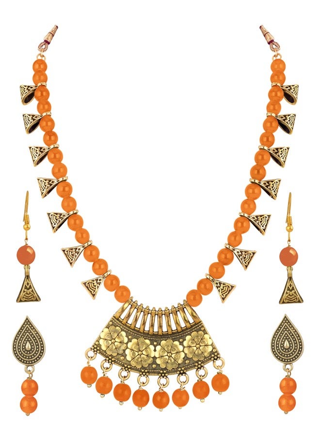 JFL Womens - Jewellery for Less Fashion Antique Gold German Oxidized Onyx Beaded Necklace Set with Adjustable Thread (Orange) - Image 1