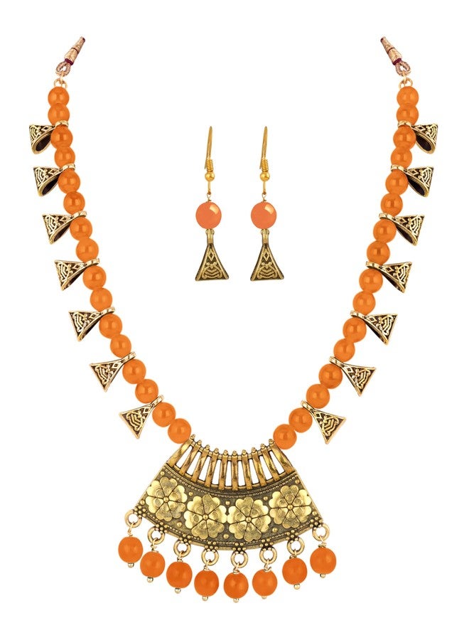 JFL Womens - Jewellery for Less Fashion Antique Gold German Oxidized Onyx Beaded Necklace Set with Adjustable Thread (Orange) - Image 4