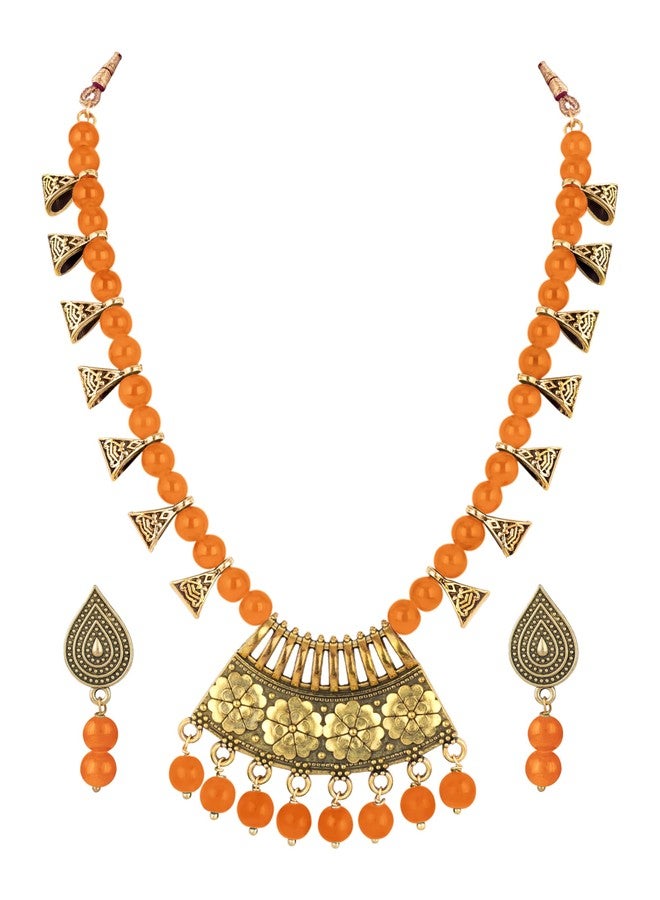 JFL Womens - Jewellery for Less Fashion Antique Gold German Oxidized Onyx Beaded Necklace Set with Adjustable Thread (Orange) - Image 3