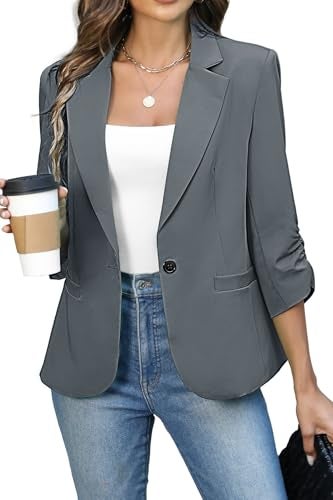 ELLEVEN Womens Blazer Business Casual Suit Jacket Slim Fit Fitted Ruched 3/4 Sleeve Petite Crop Blazer Dressy Full Lining Lightweight Outfits Coat Cardigan with Padded Shoulder Charcoal Gray Large - Image 1
