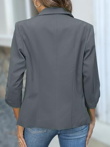 ELLEVEN Womens Blazer Business Casual Suit Jacket Slim Fit Fitted Ruched 3/4 Sleeve Petite Crop Blazer Dressy Full Lining Lightweight Outfits Coat Cardigan with Padded Shoulder Charcoal Gray Large - Image 3