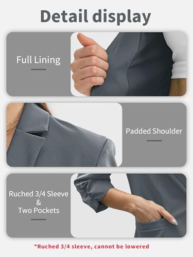 ELLEVEN Womens Blazer Business Casual Suit Jacket Slim Fit Fitted Ruched 3/4 Sleeve Petite Crop Blazer Dressy Full Lining Lightweight Outfits Coat Cardigan with Padded Shoulder Charcoal Gray Large - Image 5