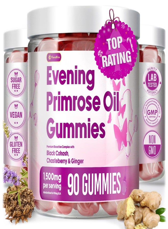 FloraBliss 90 Evening Primrose Oil Gummies | 1500mg | with Black Cohosh, Chasteberry, Ginger Extract for Daily Women's Wellness Support | Vegan, Non-GMO, Sugar-Free - Image 1