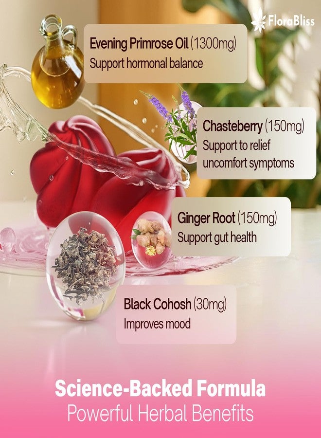 FloraBliss 90 Evening Primrose Oil Gummies | 1500mg | with Black Cohosh, Chasteberry, Ginger Extract for Daily Women's Wellness Support | Vegan, Non-GMO, Sugar-Free - Image 2