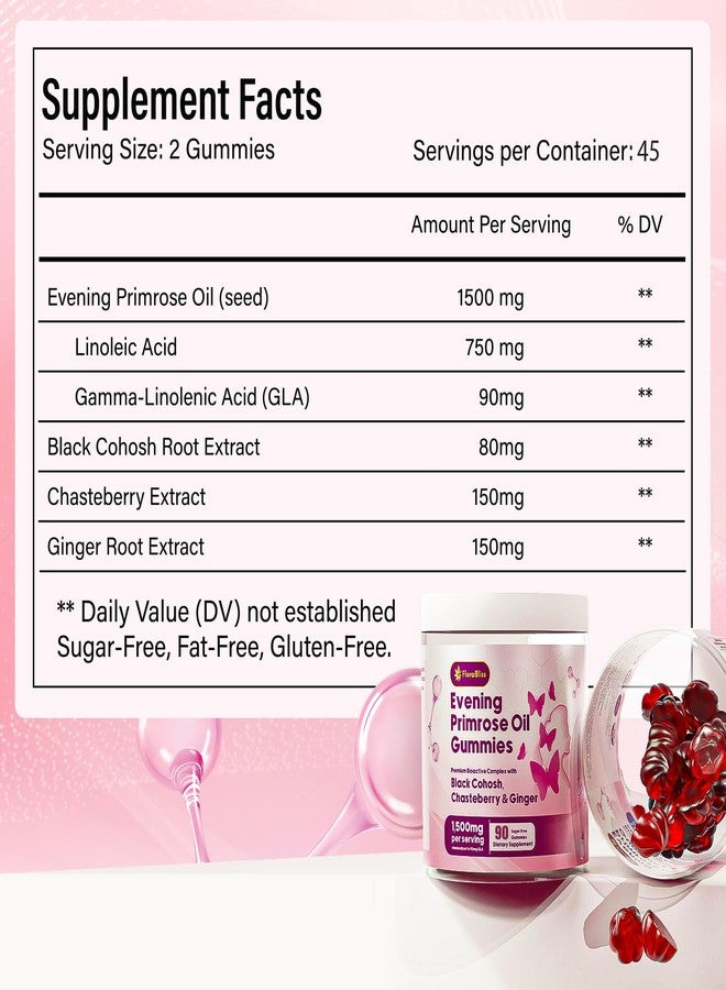 FloraBliss 90 Evening Primrose Oil Gummies | 1500mg | with Black Cohosh, Chasteberry, Ginger Extract for Daily Women's Wellness Support | Vegan, Non-GMO, Sugar-Free - Image 4