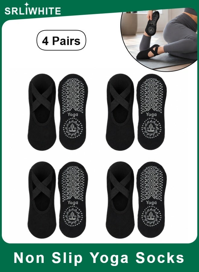 SRLIWHITE 4 Pairs Non Slip Yoga Socks for Women, Black Pilates Grip Socks with Cross Straps, Open Instep Barre Socks for Yoga, Pilates, Ballet, Dance,  Studio Workouts - Image 1
