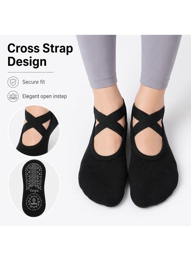 SRLIWHITE 4 Pairs Non Slip Yoga Socks for Women, Black Pilates Grip Socks with Cross Straps, Open Instep Barre Socks for Yoga, Pilates, Ballet, Dance,  Studio Workouts - Image 2