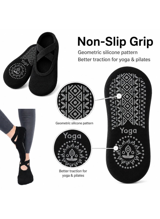 SRLIWHITE 4 Pairs Non Slip Yoga Socks for Women, Black Pilates Grip Socks with Cross Straps, Open Instep Barre Socks for Yoga, Pilates, Ballet, Dance,  Studio Workouts - Image 3