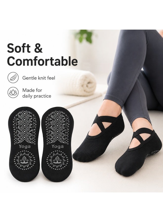 SRLIWHITE 4 Pairs Non Slip Yoga Socks for Women, Black Pilates Grip Socks with Cross Straps, Open Instep Barre Socks for Yoga, Pilates, Ballet, Dance,  Studio Workouts - Image 4