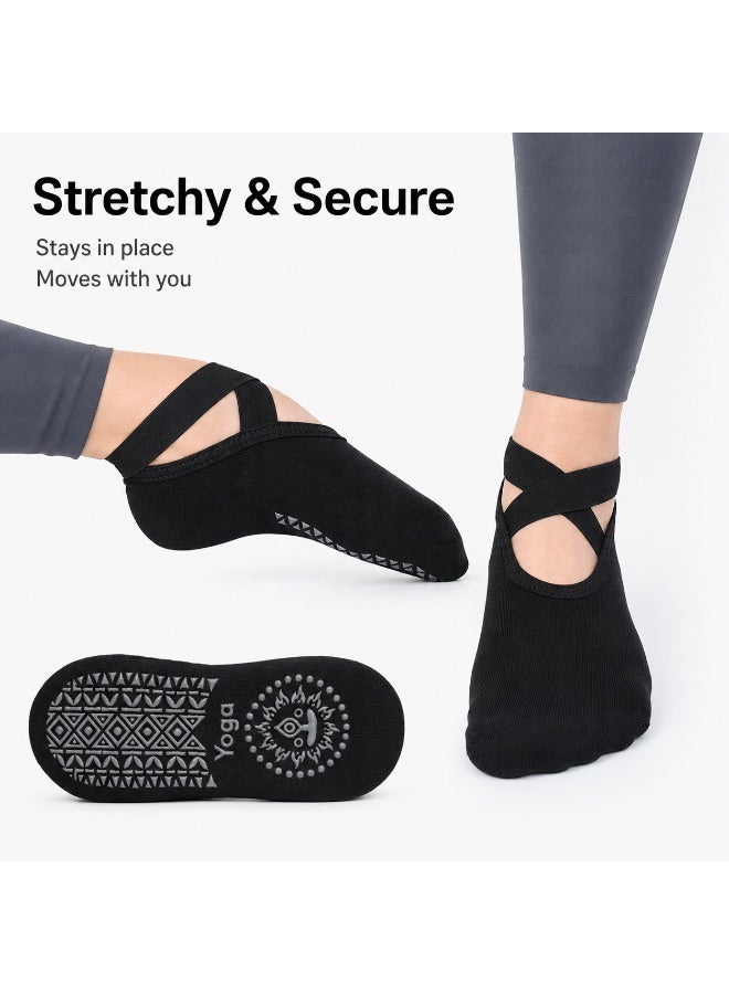 SRLIWHITE 4 Pairs Non Slip Yoga Socks for Women, Black Pilates Grip Socks with Cross Straps, Open Instep Barre Socks for Yoga, Pilates, Ballet, Dance,  Studio Workouts - Image 5