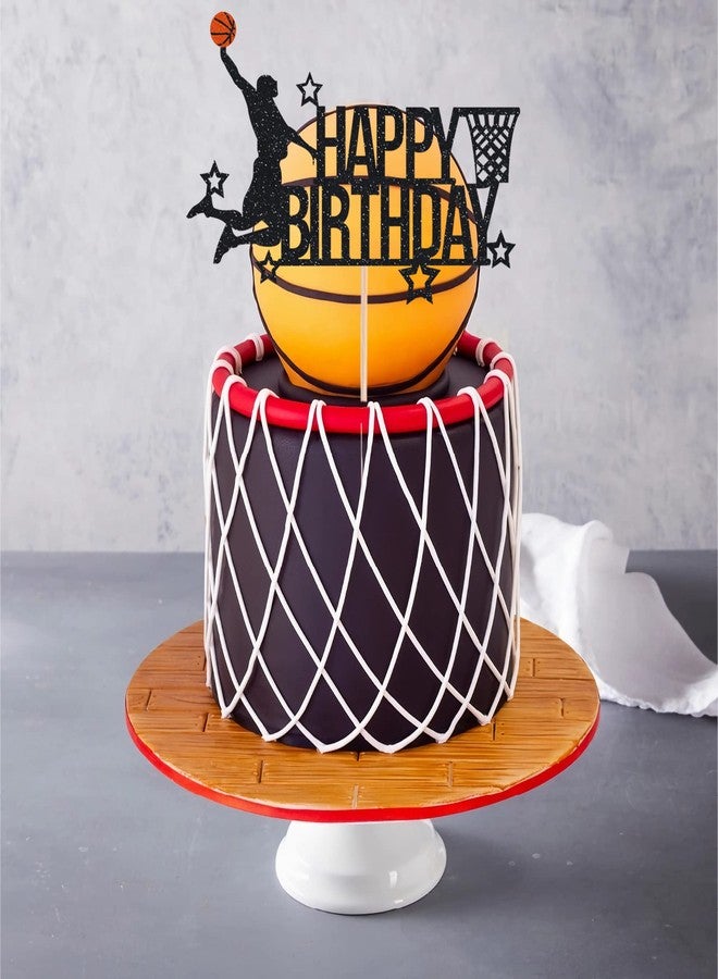 AHAORAY Basketball Happy Birthday Cake Topper - Black Glitter Basketball Party Decorations Supplies, Perfect for Birthday Party, Photo Booth Props - Image 4