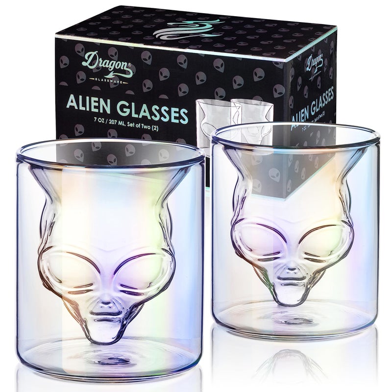 Dragon Glassware Alien Drinking Glasses  7 oz Set of 2 Unique Double Wall Grey Alien Inspired Design from Area 51  Novelty Gift for Outer Space Enthusiasts  Fun and Stylish Tumblers