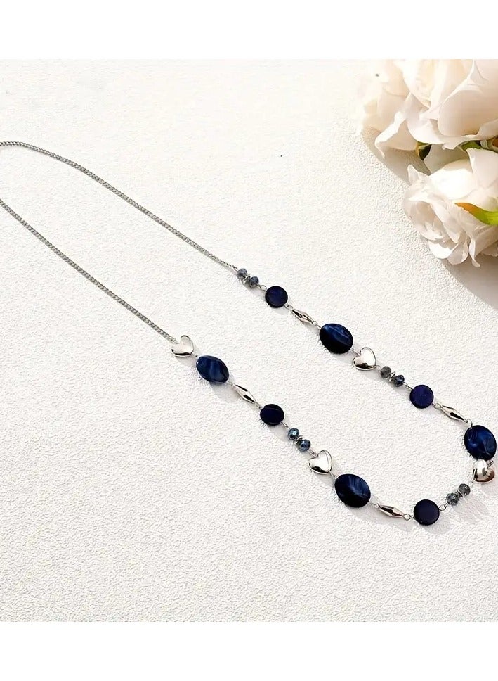Elegant Navy Blue Shell & Heart-Shaped Geometric Bead Long Necklace for Women – Alloy & Resin Beads, Polished Finish, Versatile Formal & Casual Jewelry - Image 5