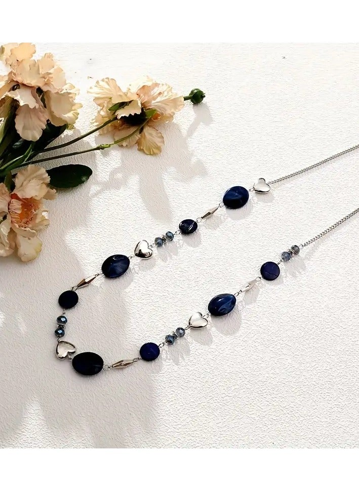 Elegant Navy Blue Shell & Heart-Shaped Geometric Bead Long Necklace for Women – Alloy & Resin Beads, Polished Finish, Versatile Formal & Casual Jewelry - Image 3