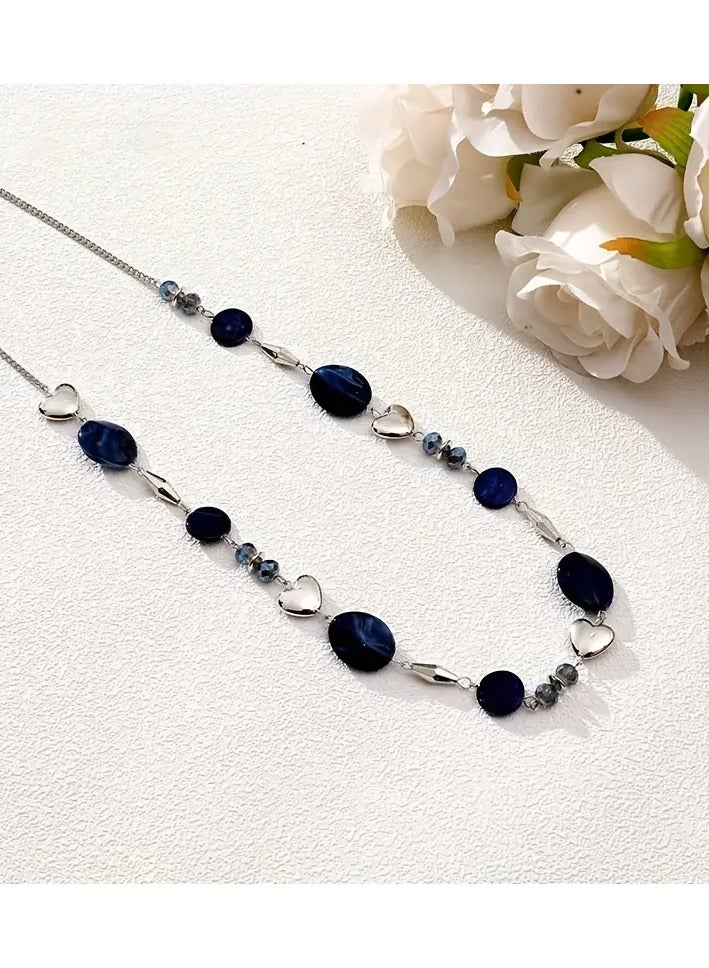 Elegant Navy Blue Shell & Heart-Shaped Geometric Bead Long Necklace for Women – Alloy & Resin Beads, Polished Finish, Versatile Formal & Casual Jewelry - Image 4
