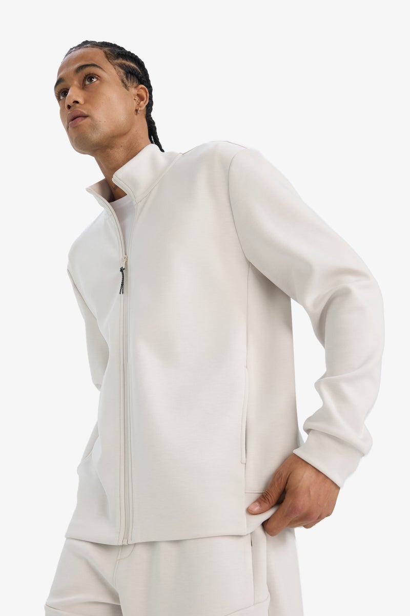 DeFacto Beige Man Standard Fit High Neck Scuba Fabric Cardigan Casual - Image 3