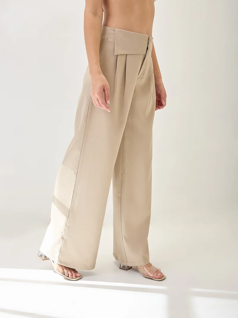 globus Women Solid Mid Rise Pleated Formal Korean Pants