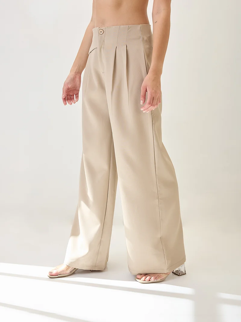 globus Women Solid Mid Rise Pleated Formal Korean Pants