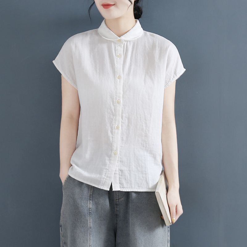 Summer Style Lapel Design Loose Small Flying Sleeve Cotton And Linen Shirt Loose Slimming Top - Image 4