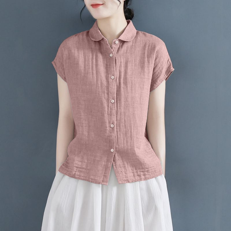 Summer Style Lapel Design Loose Small Flying Sleeve Cotton And Linen Shirt Loose Slimming Top - Image 5