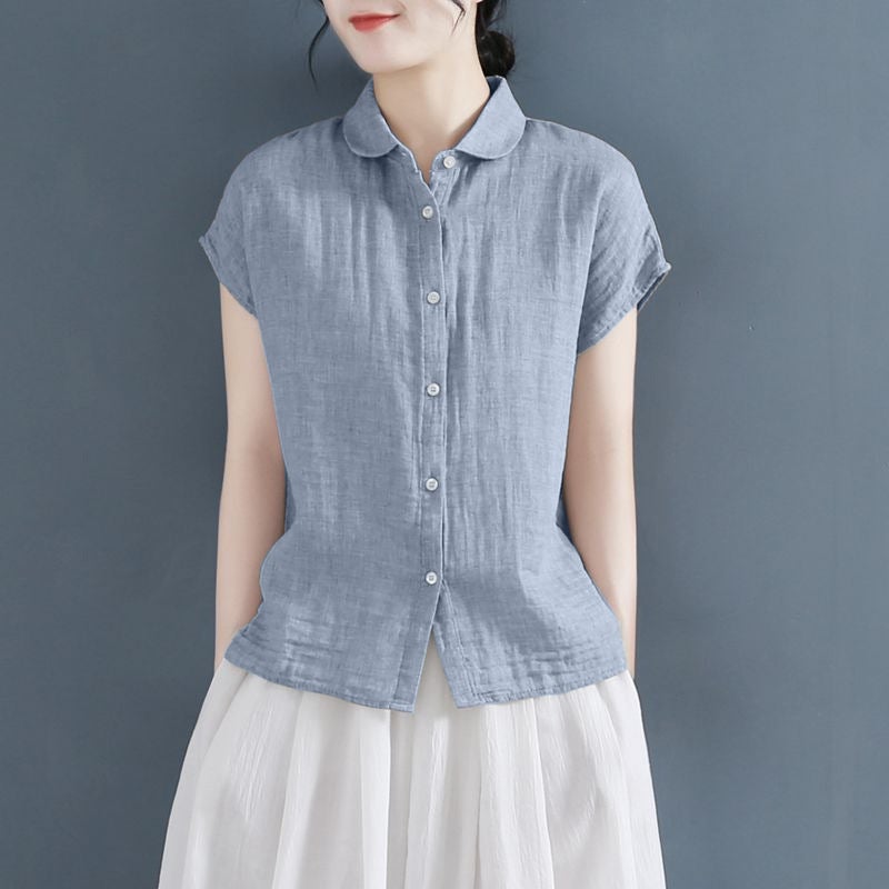 Summer Style Lapel Design Loose Small Flying Sleeve Cotton And Linen Shirt Loose Slimming Top - Image 3