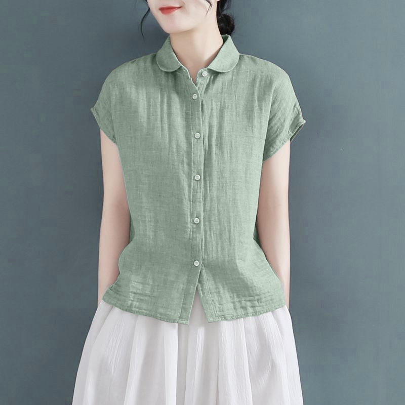 Summer Style Lapel Design Loose Small Flying Sleeve Cotton And Linen Shirt Loose Slimming Top - Image 2