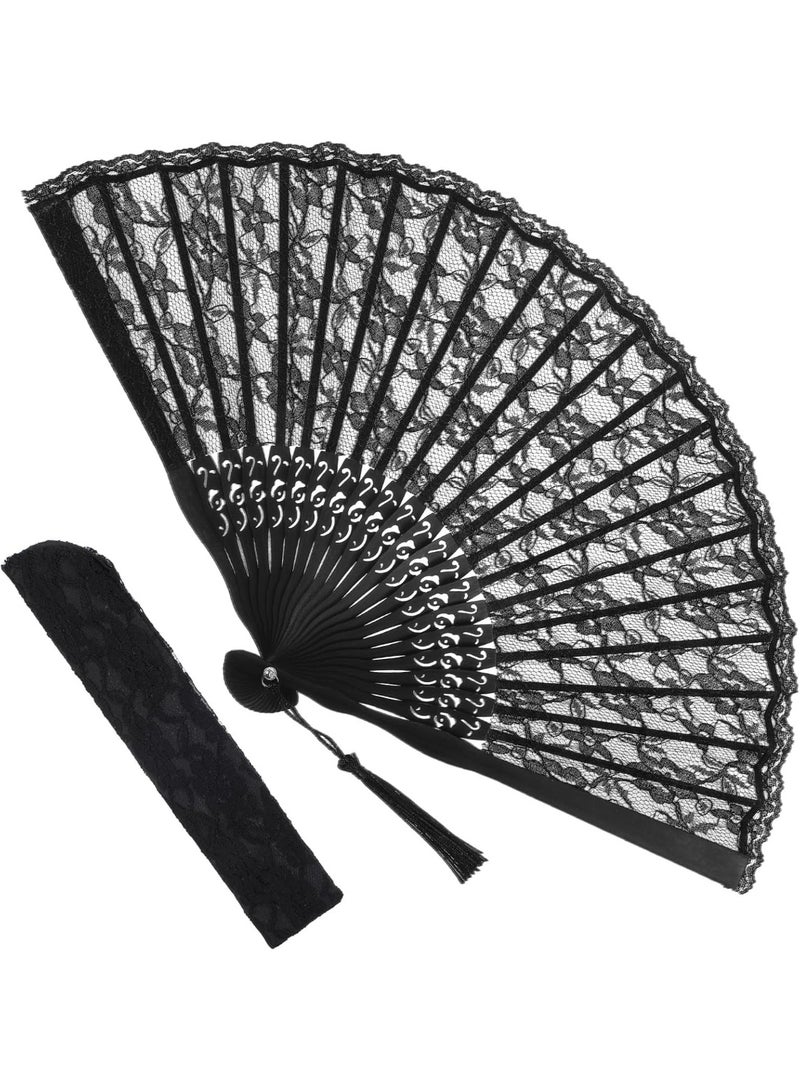 CMGTYYD Folding Hand Fan, Black Lace Vintage Retro Fabric Fans Hand Held Chines/Spanish Foldable Fan for Men/Women Wedding Party Favor Performance Dance Home Decorations Festival Gift(Black) - Image 1