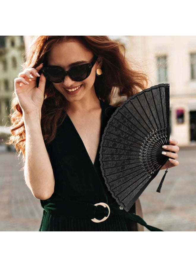 CMGTYYD Folding Hand Fan, Black Lace Vintage Retro Fabric Fans Hand Held Chines/Spanish Foldable Fan for Men/Women Wedding Party Favor Performance Dance Home Decorations Festival Gift(Black) - Image 3