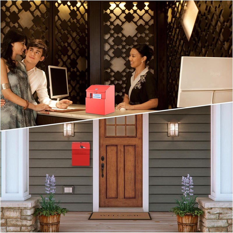 KYODOLED Suggestion Box with Lock and 50 Free Suggestion Cards, Metal Wall Mounted Ballot, Donation and Collection Key Drop Box with Slot & 2 Keys, 8H x 5.7W x 7L Inch, Red - Image 3