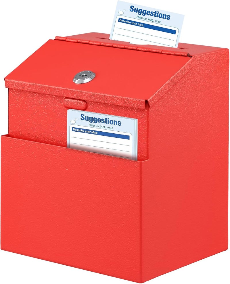 KYODOLED Suggestion Box with Lock and 50 Free Suggestion Cards, Metal Wall Mounted Ballot, Donation and Collection Key Drop Box with Slot & 2 Keys, 8H x 5.7W x 7L Inch, Red - Image 1