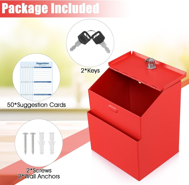 KYODOLED Suggestion Box with Lock and 50 Free Suggestion Cards, Metal Wall Mounted Ballot, Donation and Collection Key Drop Box with Slot & 2 Keys, 8H x 5.7W x 7L Inch, Red - Image 4