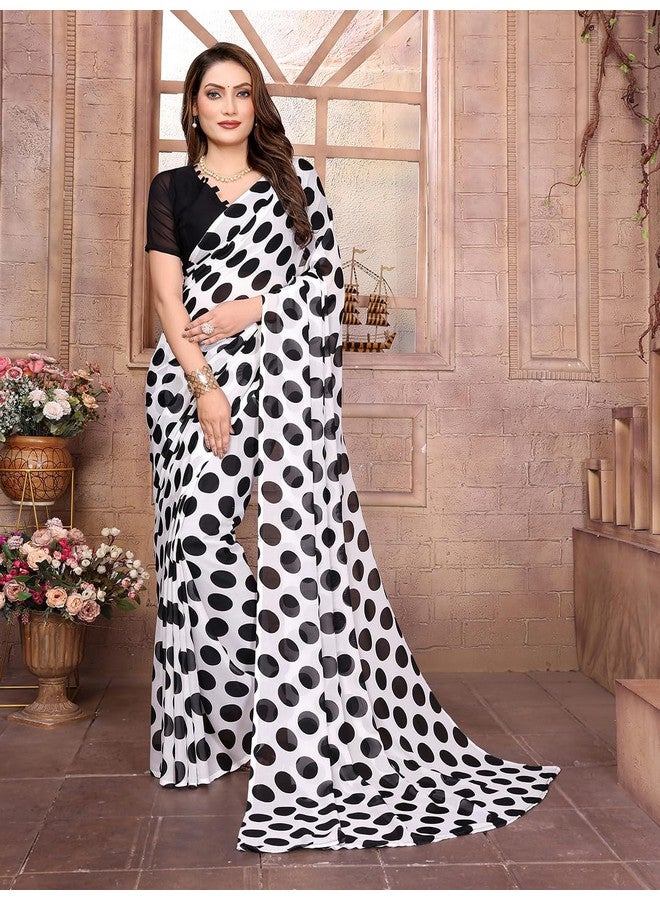 Anand ANAND SAREES Women's Regular Fit Designer Printed Georgette Saree with Matching Blouse Piece | Stylish & Attractive | Fancy Saree for Parties, Weddings, Festivals (White, Black)(OG_1613)  - Image 4