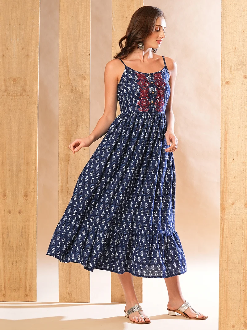 جلو باص Women Blue Floral Printed Shoulder Straps Cotton Tiered Midi Ethnic Dress