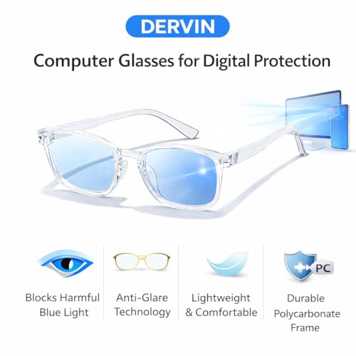 Dervin Blue Light Blocking Glasses Gaming Filter Transparent Square Eyeglasses for Eye Protection Men Women, Computer/Tablet/Laptop/Mobile/TV, Anti-blue & Anti eyestrain (Clear White) - Image 2