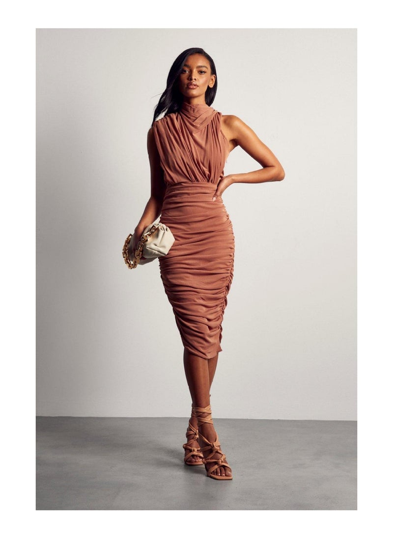 Premium Mesh Ruched Asymmetric Midi Dress
